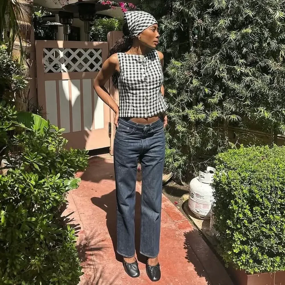 Doen Hayden Linen Button Boatneck Sleeveless Top Black Marilyn Gingham White - Picture 7 of 14